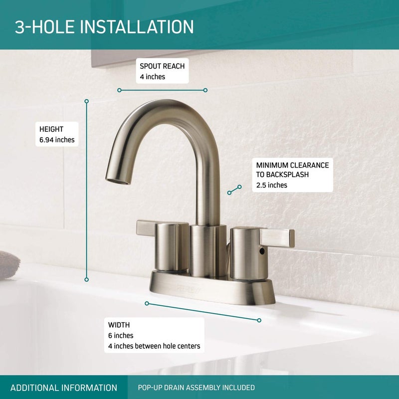 Peerless Precept Centerset Bathroom Faucet Brushed Nickel, Bathroom Sink Faucet, Drain Assembly, Brushed Nickel P299102LF-BN - Image 3